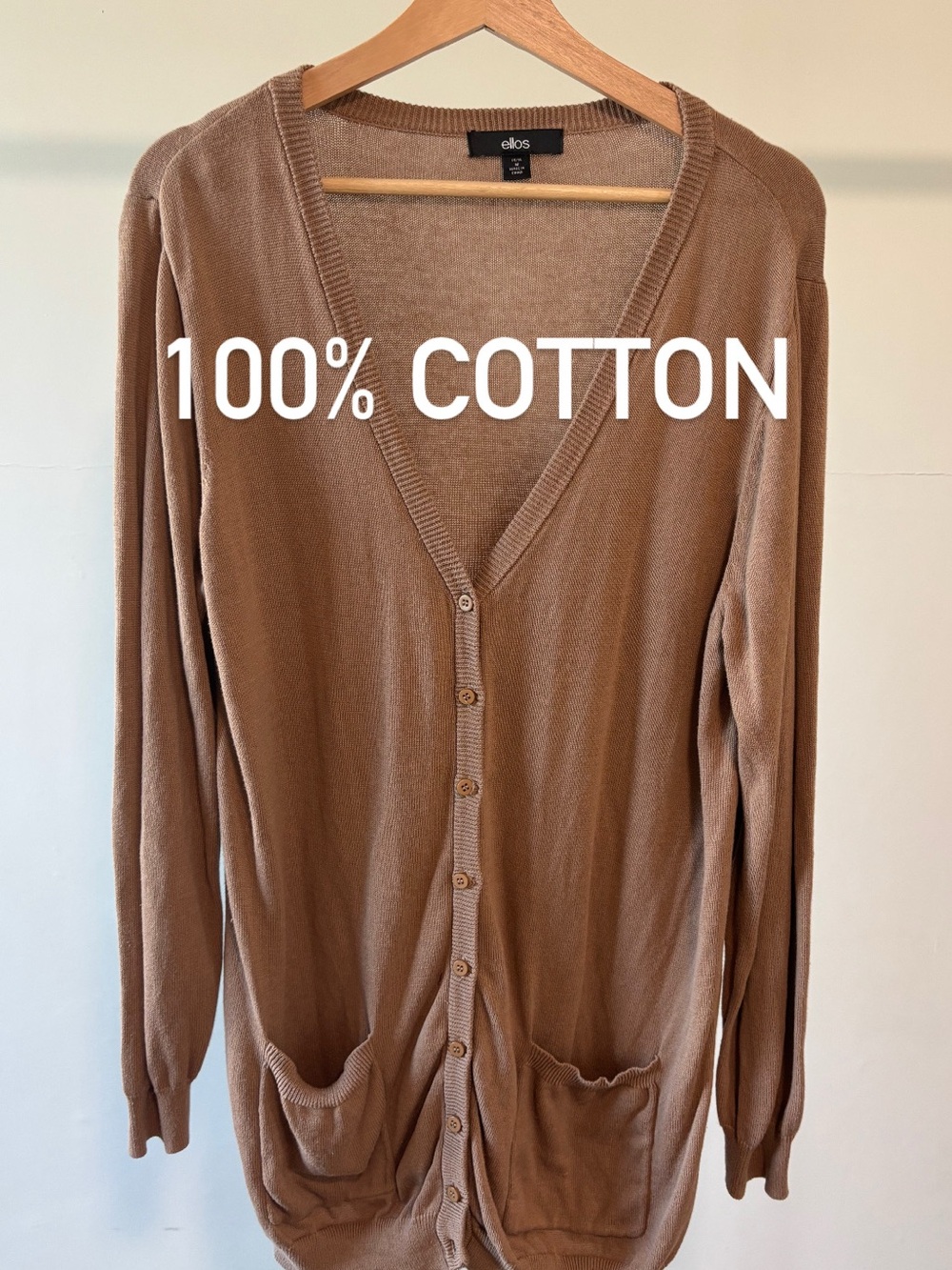 ellos Long V-Neck Button Cardigan | Tan Brown | 100% cotton | M
